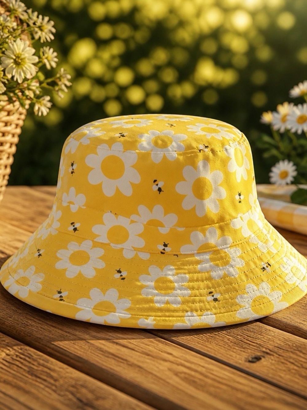 NWT GOGO Yellow Daisy Bucket Hat with White Floral Print